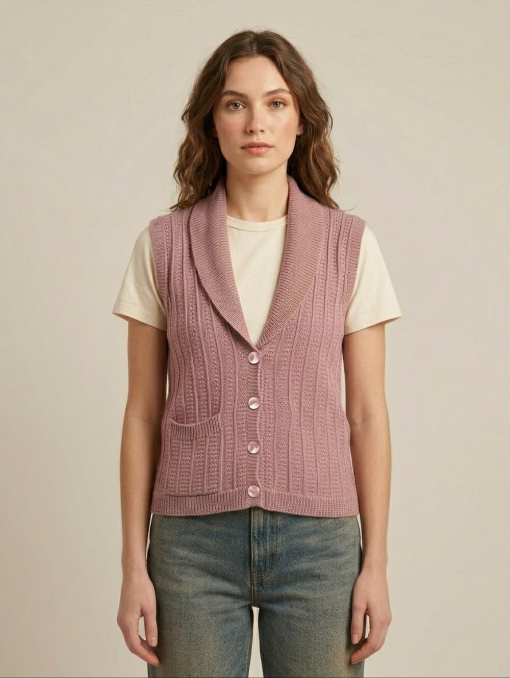 Vintage 70s Reitmans Pink Knit Shawl Collar Cardigan Vest Small Cottagecore